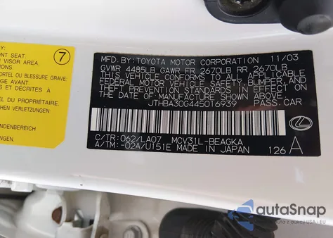 2004 Lexus Es 330 z USA, uszkodzony, nr VIN JTHBA30G445016939